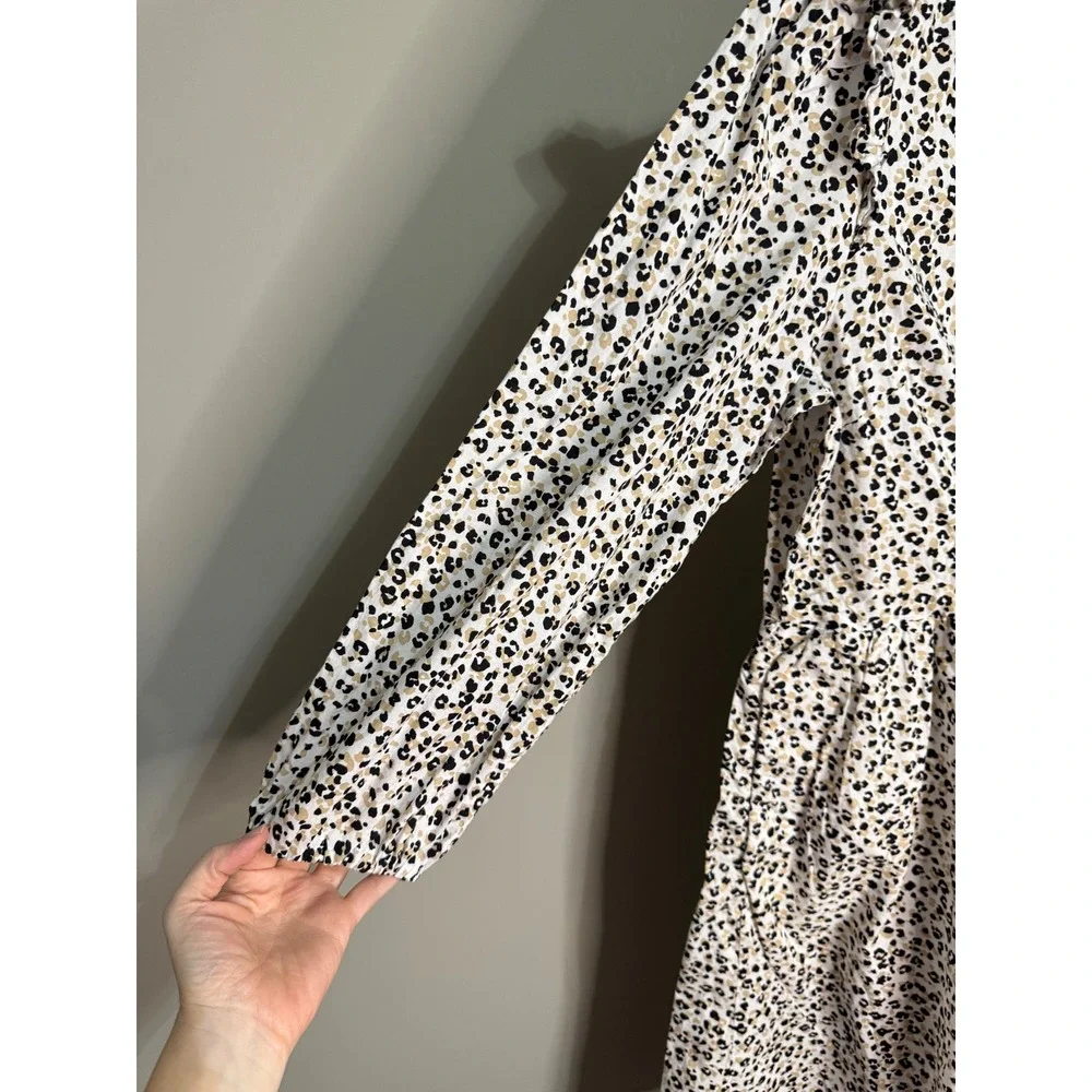 J.Crew Leopard Print Tiered Babydoll Mini Dress 100% Cotton V-Neck L‎ Momcore